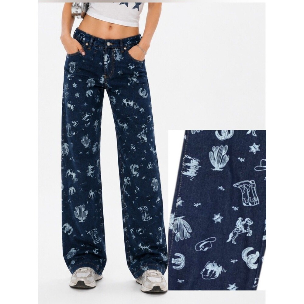 NWT Cello Los Angeles Y2K Western Print Hight Rise Straight-leg Jeans Size 3/26
